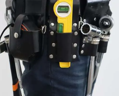 Heavy duty leather scaffolder tool belt with frog attachments and tools from Direct Scaffolding Supplies.